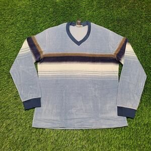 Vintage 70s LAX Velour Striped Pullover Sweater Large Slim-Fit Made IN USA